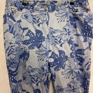 Lilly Pulitzer Vintage Blue White Tiger Floral 28” Pants Slacks 14